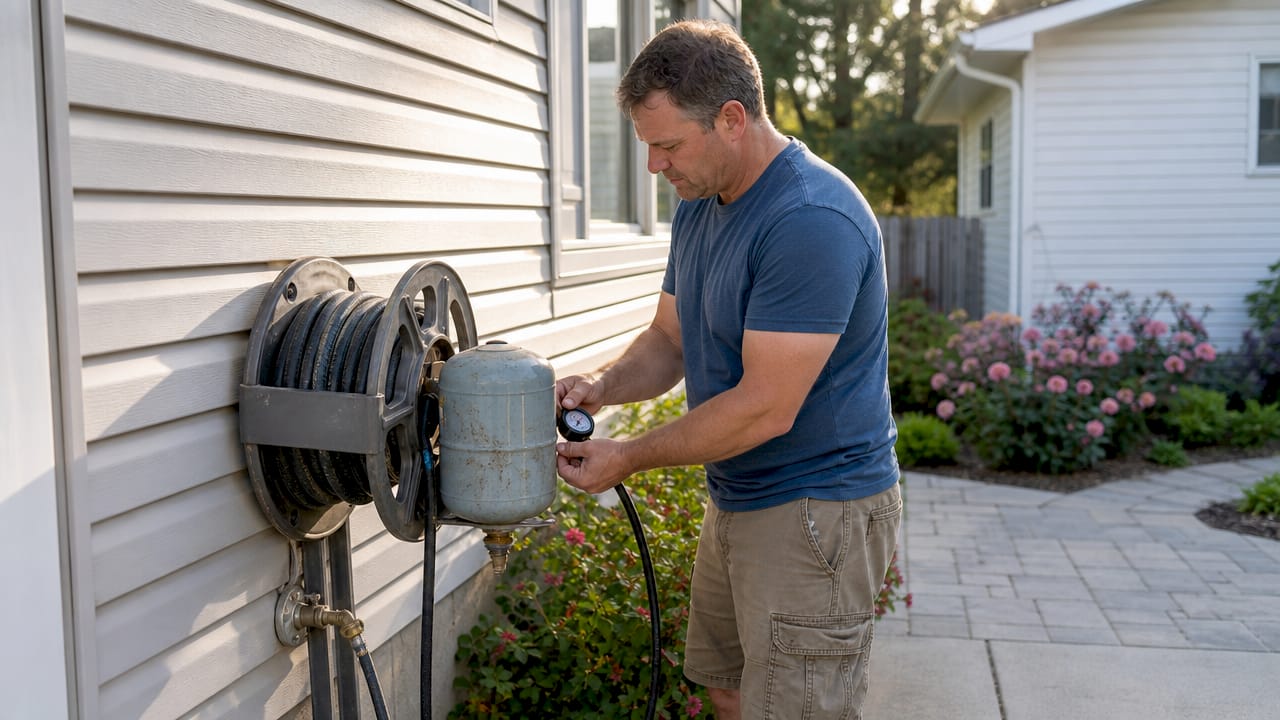 Homeowner inspecting expansion tank on heating system
