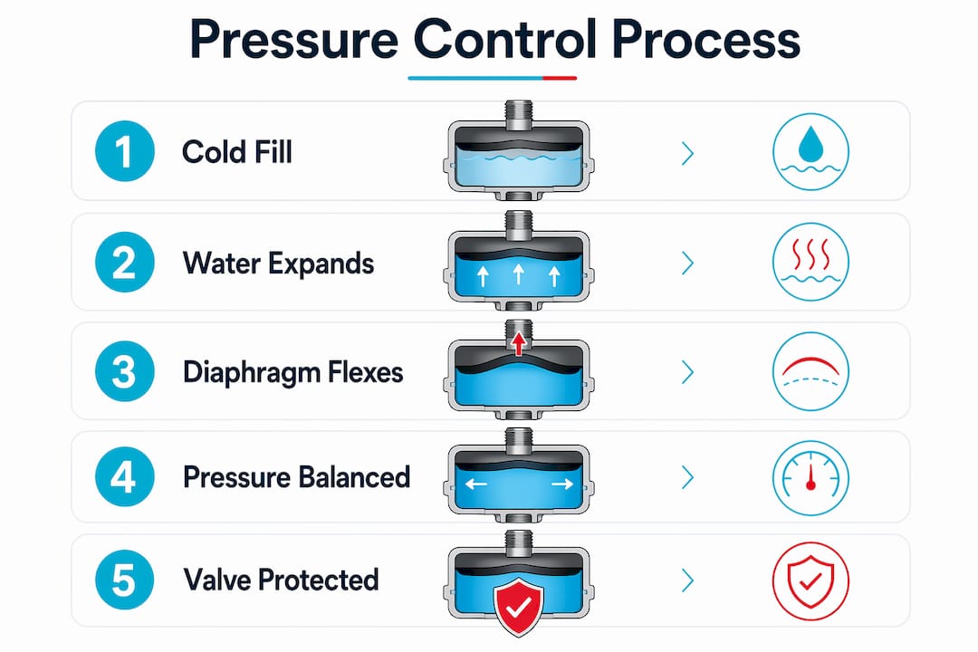 Infographic illustrating pressure control process in expansion tank
