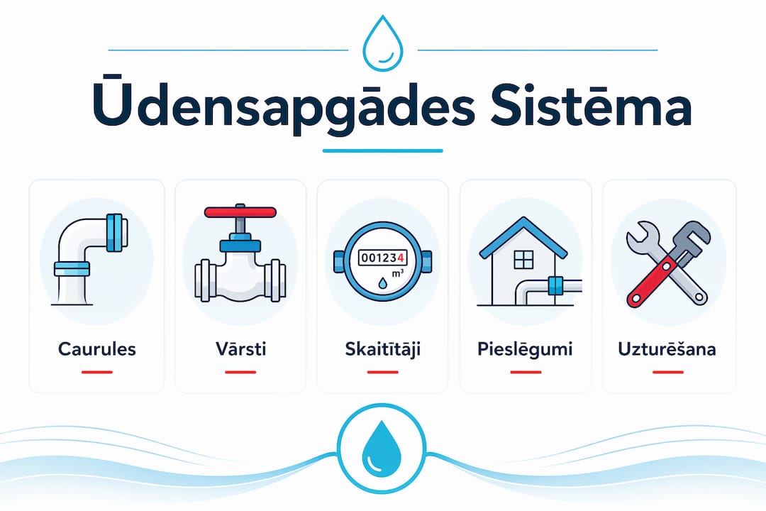 Infografika, kas attēlo ūdensapgādes sistēmas posmu secīgu plūsmu