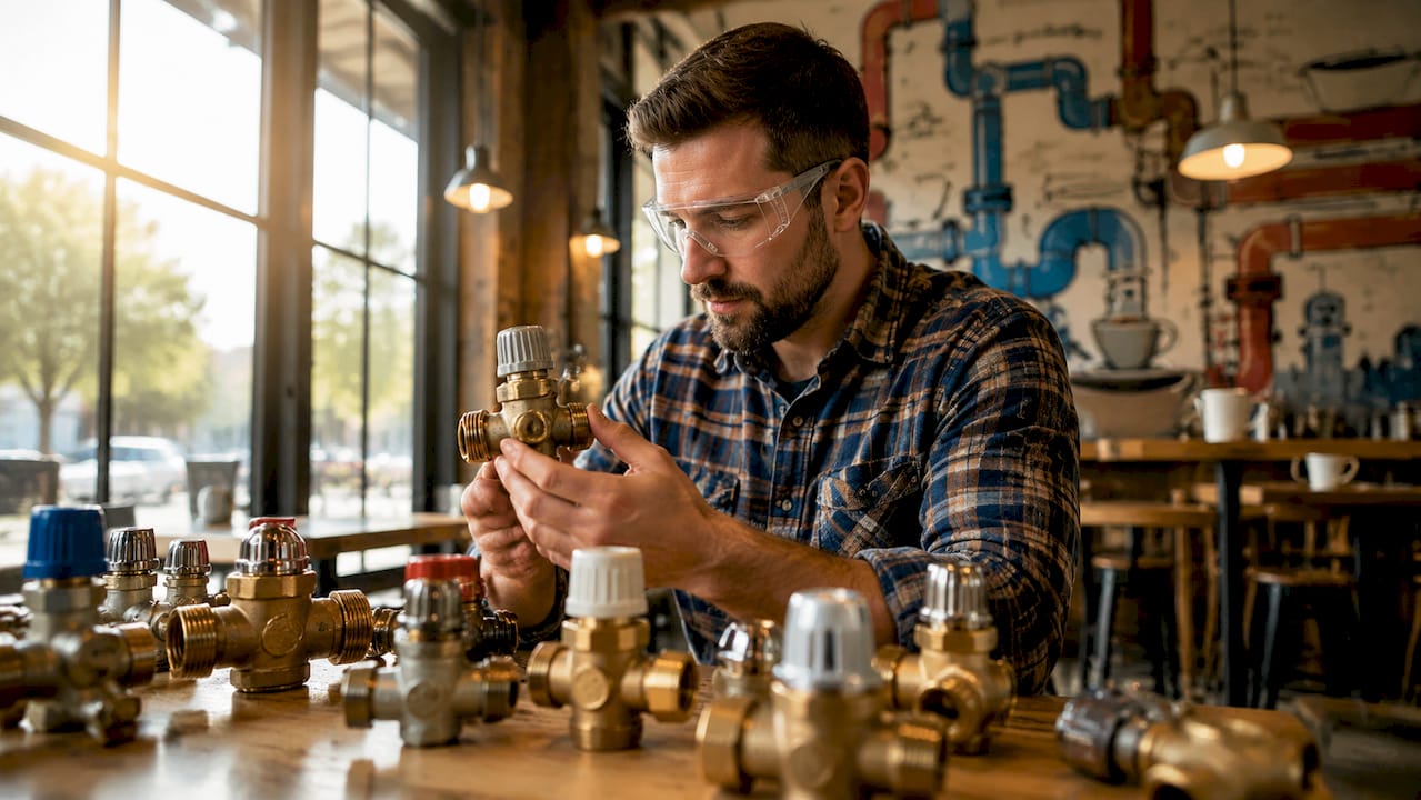 Plumber holding thermostatic mixing valve in workshop
