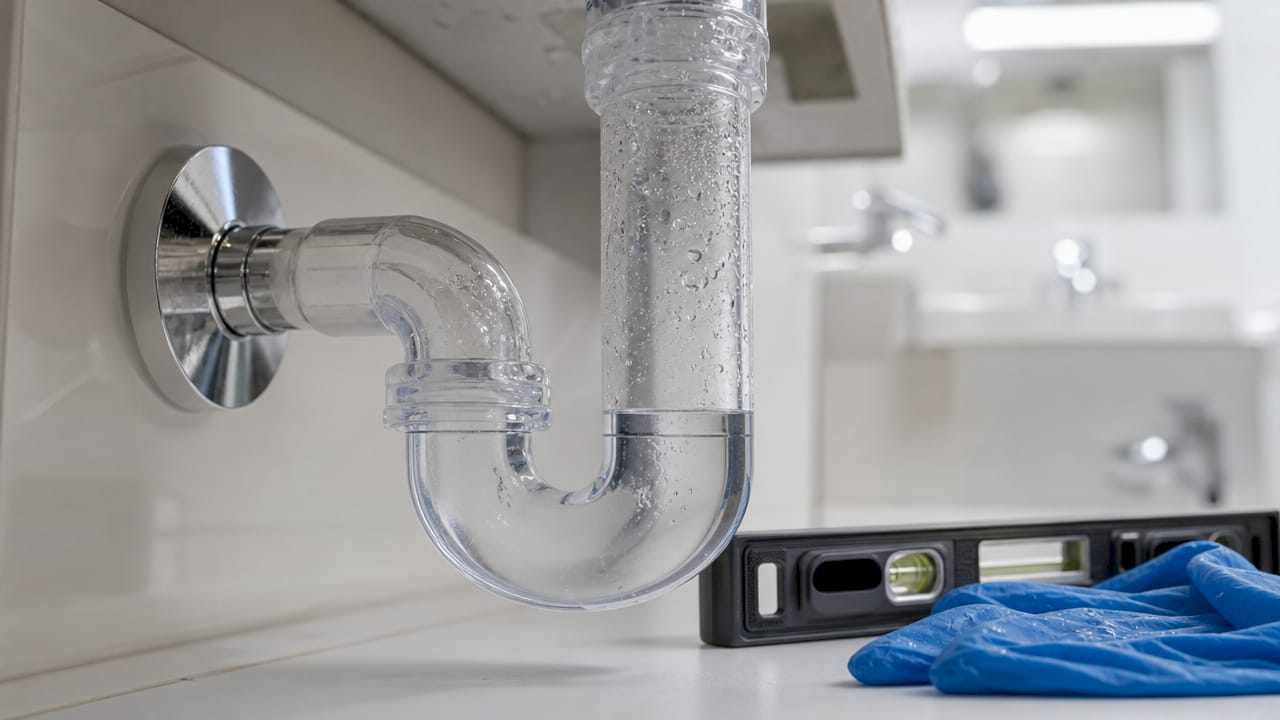 Close-up view of water in plumbing trap seal pipe