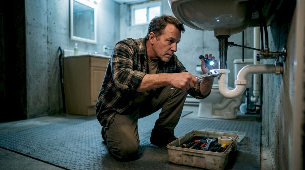 Homeowner inspecting plumbing trap under sink