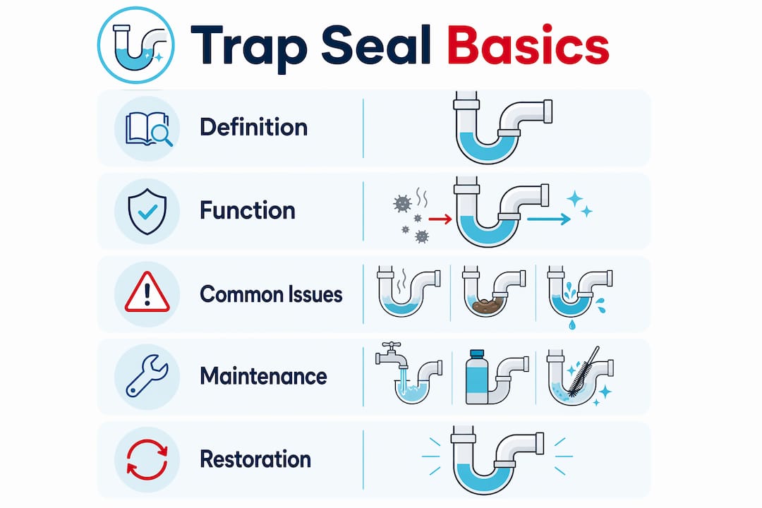 Infographic showing trap seal basics and maintenance steps