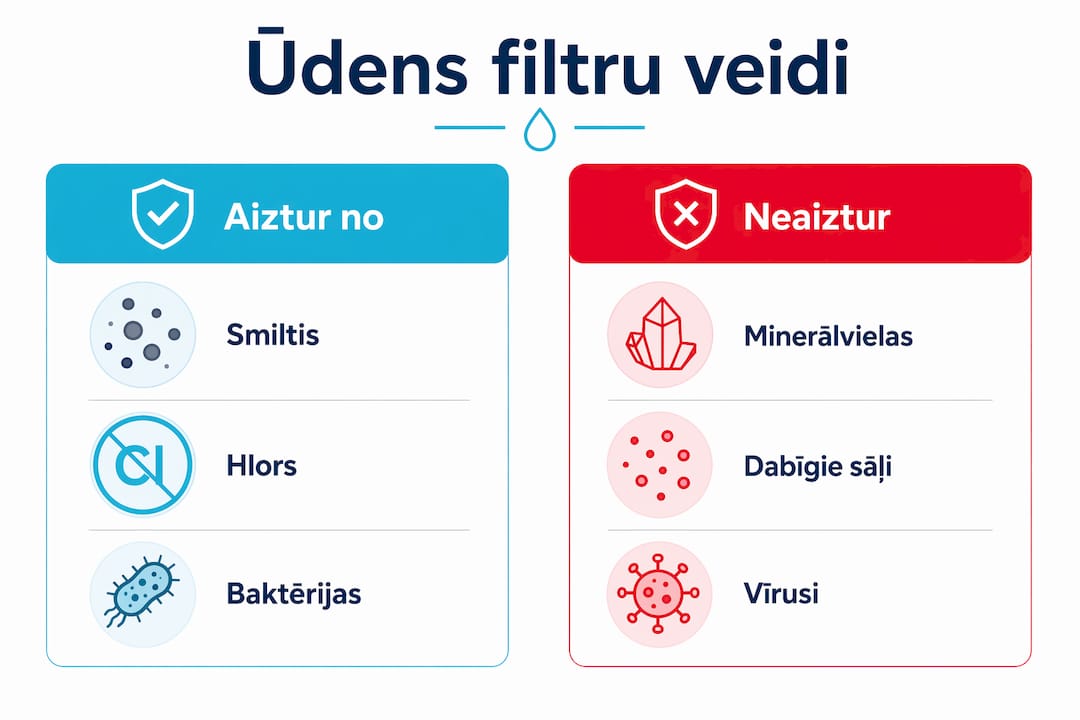 Infografika: dažādu ūdens filtru veidu salīdzinājums un to, kādus piesārņojumus tie spēj attīrīt