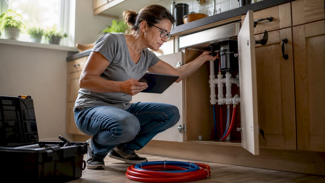 Homeowner inspecting eco-friendly plumbing pipes