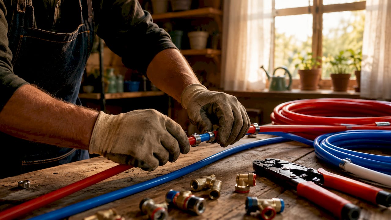 Plumber installing flexible PEX pipes