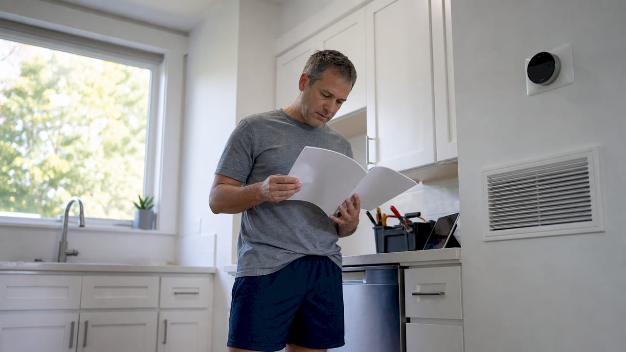 Homeowner reviewing HVAC manual in living room