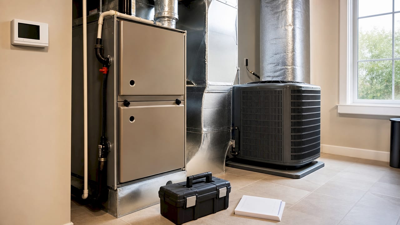 Close-up of HVAC furnace and ducts in home basement