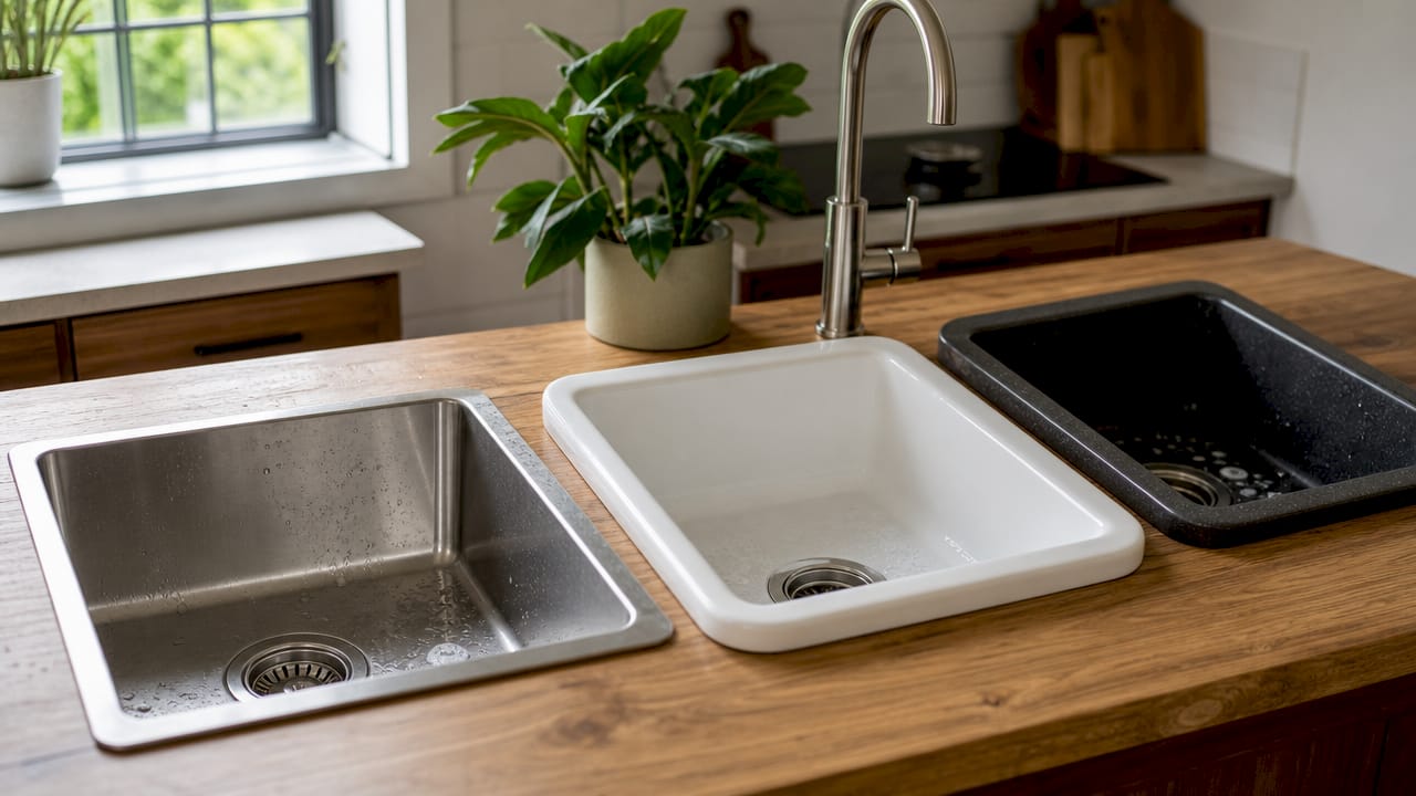 Close-up of sinks in stainless steel fireclay granite composite