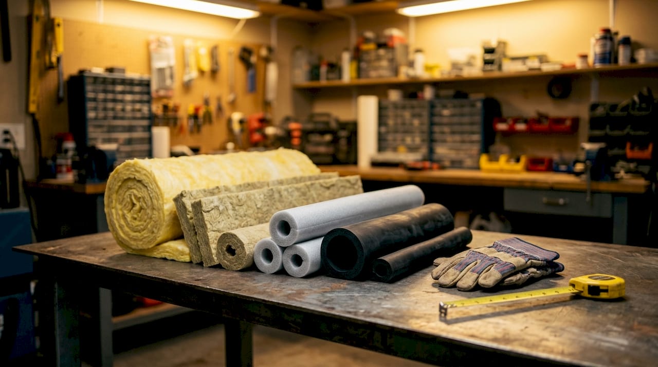 Various pipe insulation materials on workbench