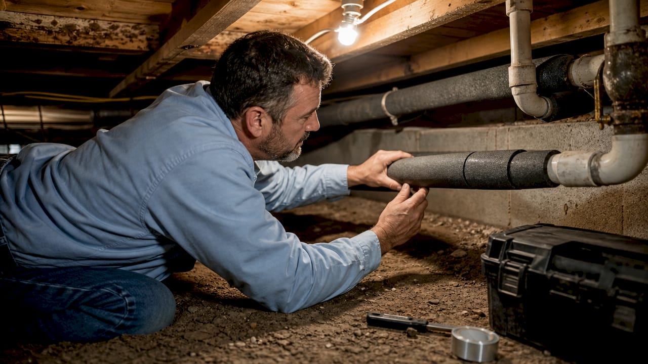 Man installing pipe insulation in basement