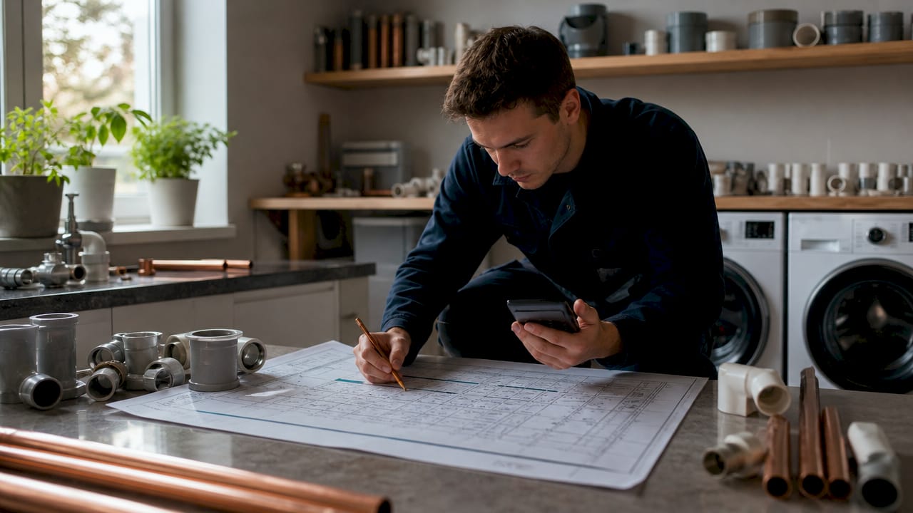 Plumber calculating pipe sizing at a worktable