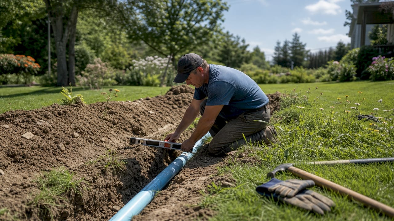 Plumber checking drainage pipe slope outdoors