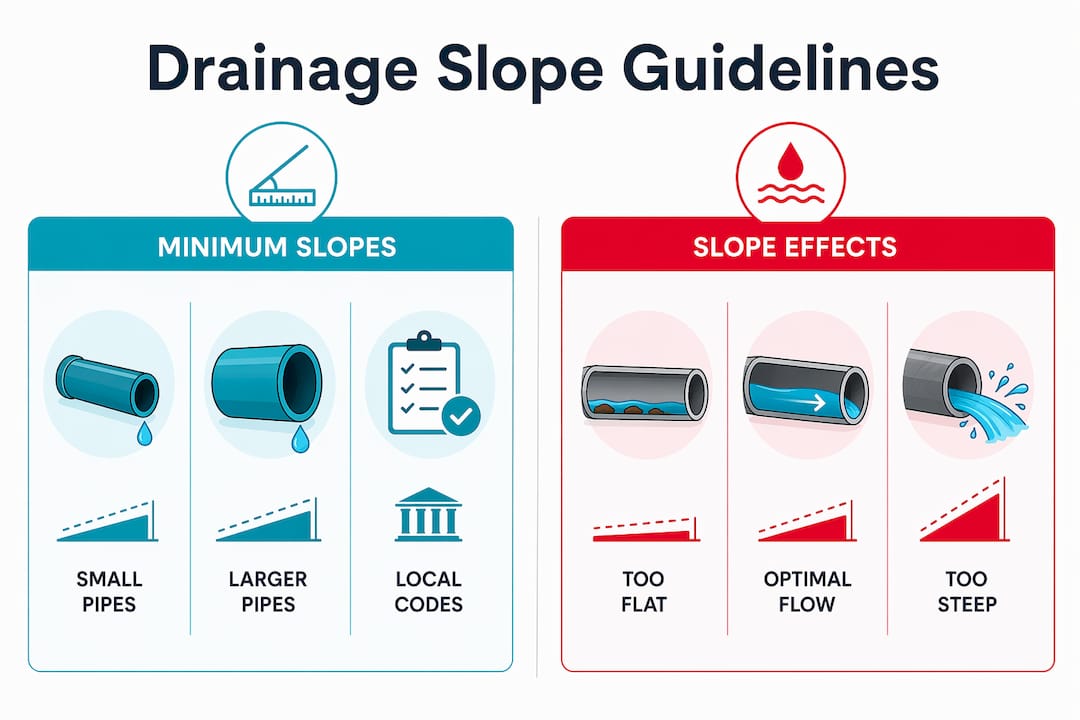 Infographic comparing drainage slope guidelines and effects