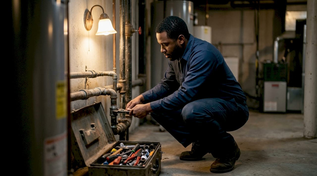 Close-up of plumber fixing residential pipe leak.