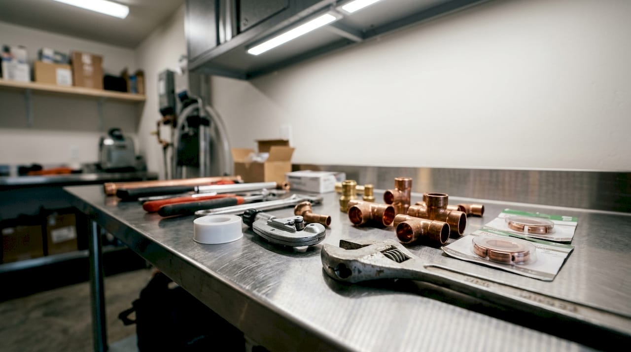 Close-up of plumbing tools and materials on workbench