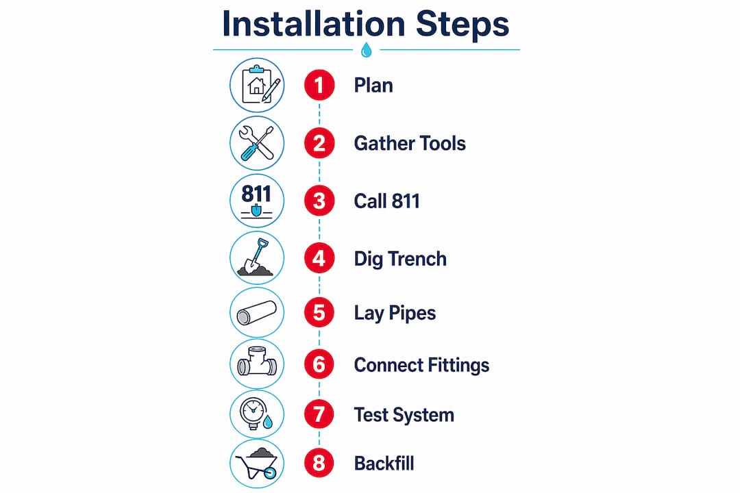 Infographic illustrating water pipe installation steps from planning to backfilling