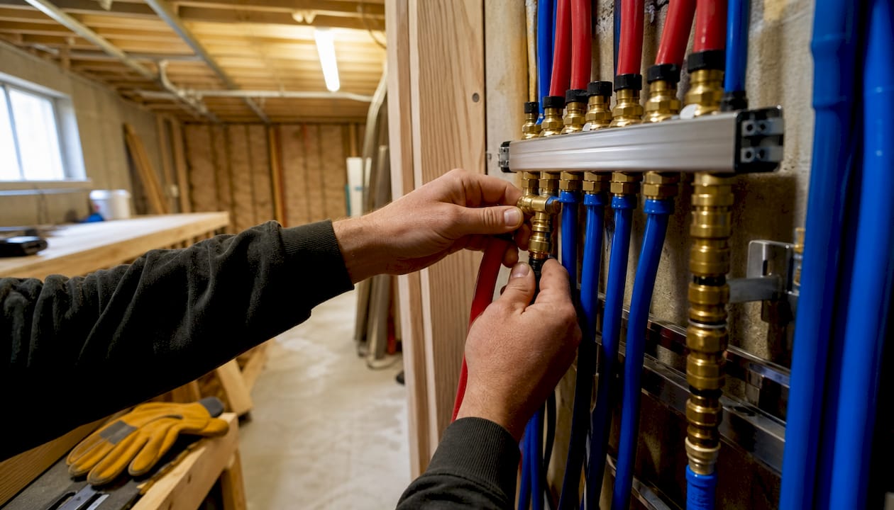 Close-up of PEX tubes and brass fittings connection
