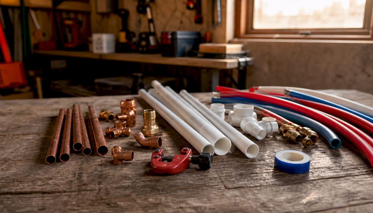 Close-up of modern plumbing materials and tools
