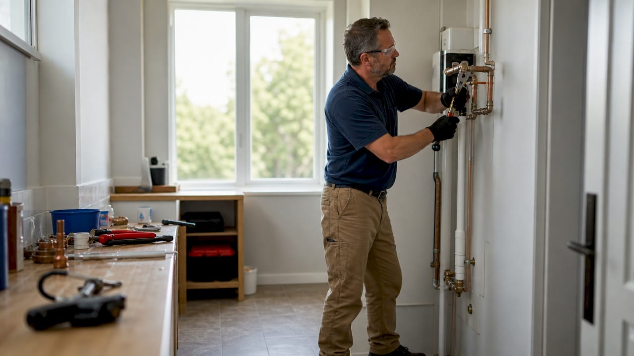 Plumber inspecting residential plumbing pipes