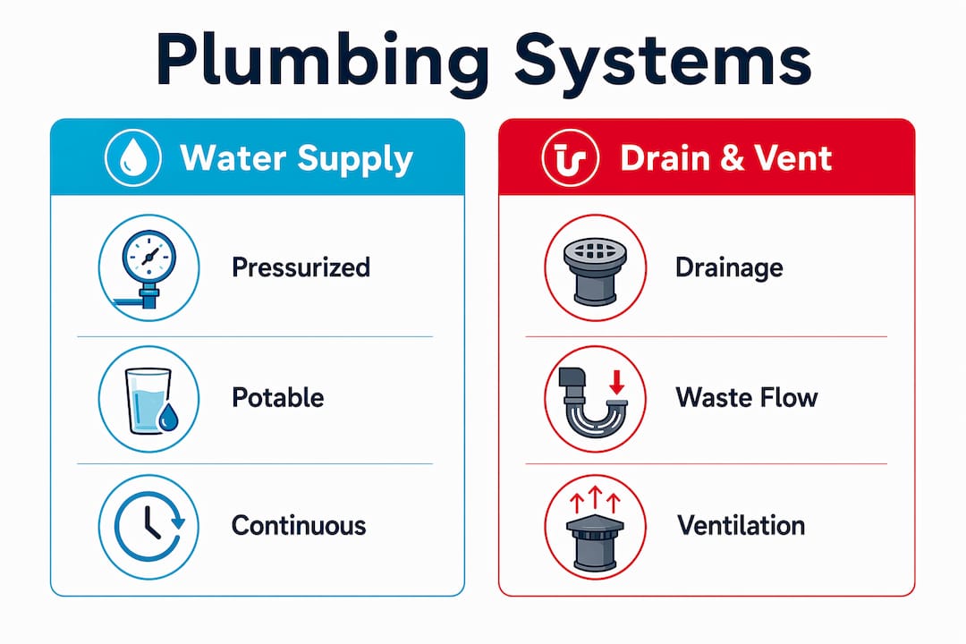 Infographic comparing plumbing water supply and drain-vent systems