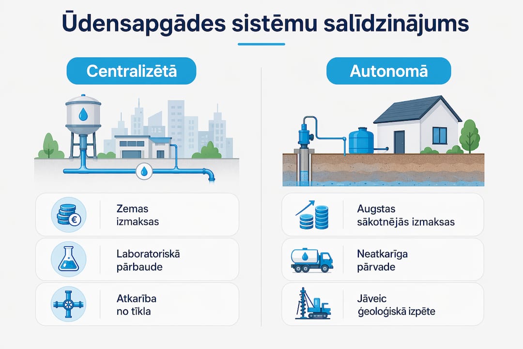 Infografikā pārskatāmi attērotas galvenās atšķirības starp centralizēto un autonomo ūdensapgādi.