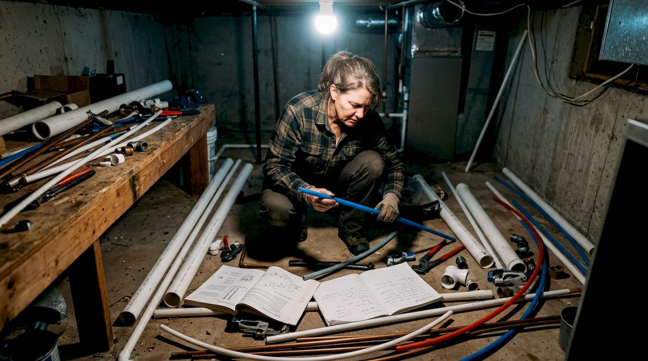 Homeowner inspecting various plumbing pipes in basement