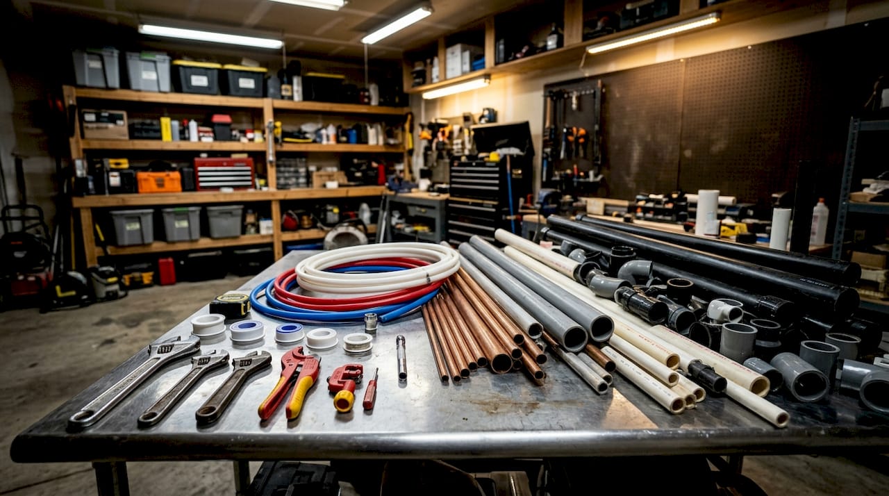 Top-down view of assorted plumbing pipes on workbench