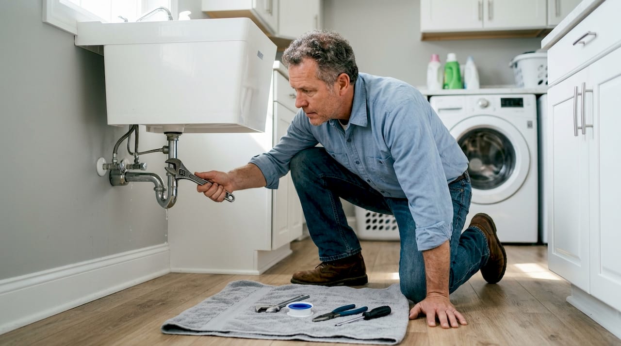 Man repairing leaking kitchen pipe