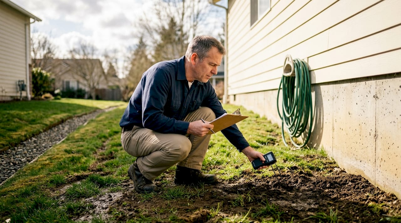 Homeowner checking backyard water drainage conditions