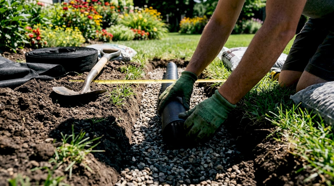 Hands installing French drain pipe in backyard trench
