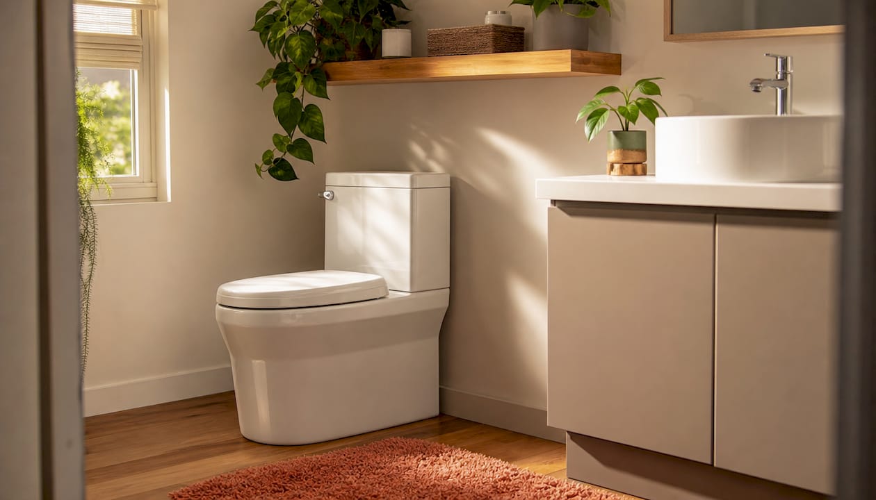 Modern water-saving toilet in home bathroom
