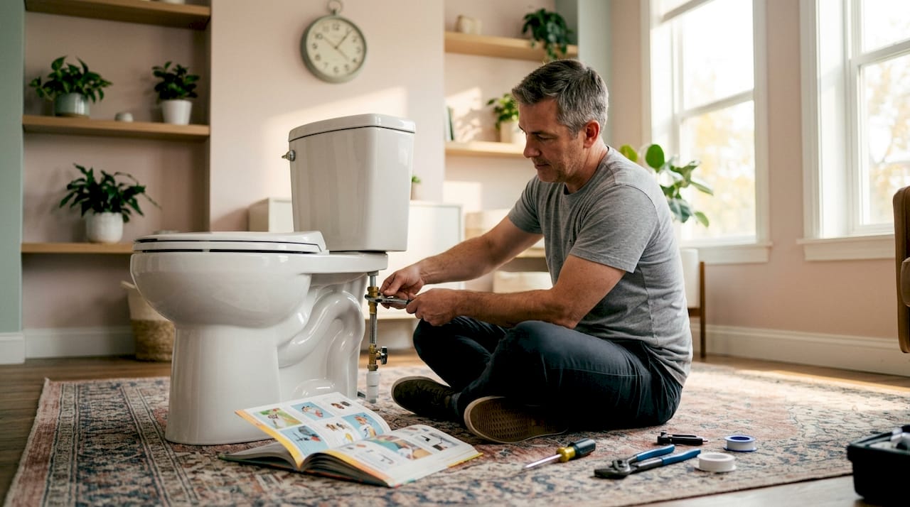 Man installing water-saving toilet in bathroom