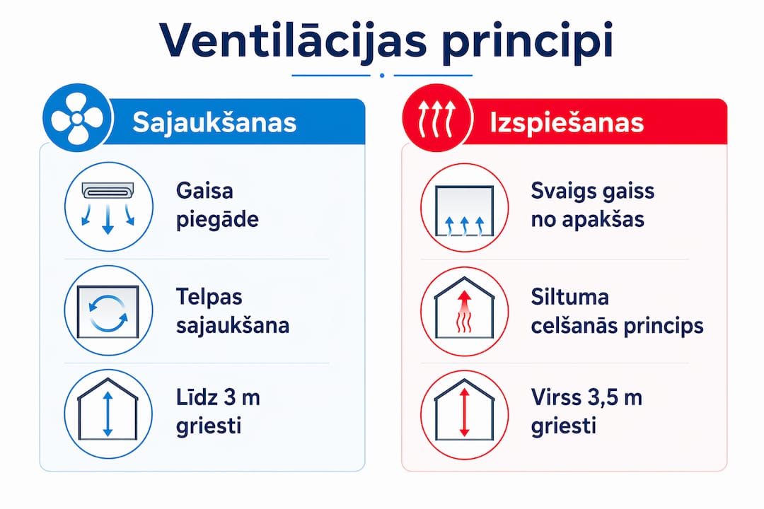 Infografika: salīdzinām gaisa sajaukšanas un izspiešanas ventilācijas principus