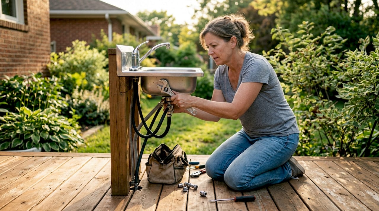 Woman tightening kitchen sink pipes with wrench