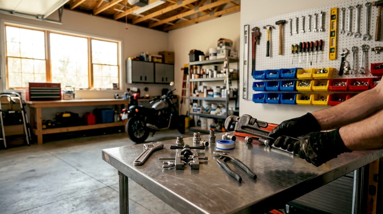 Overhead view of plumbing tools on workbench