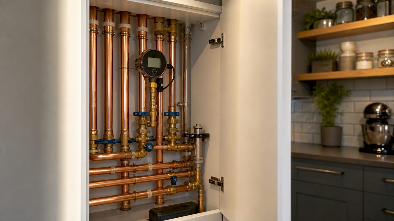 Indoor residential water pipes with pressure gauge