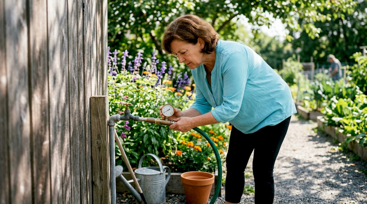 Woman checking outdoor water pressure with gauge