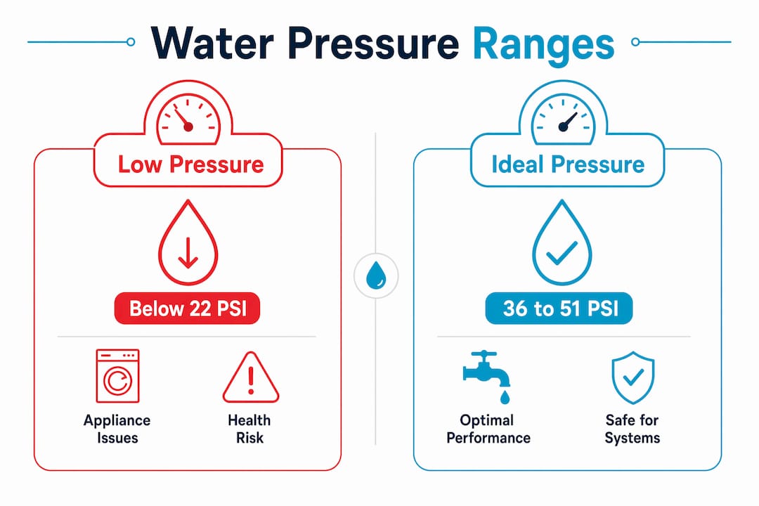 Infographic comparing low and ideal home water pressure