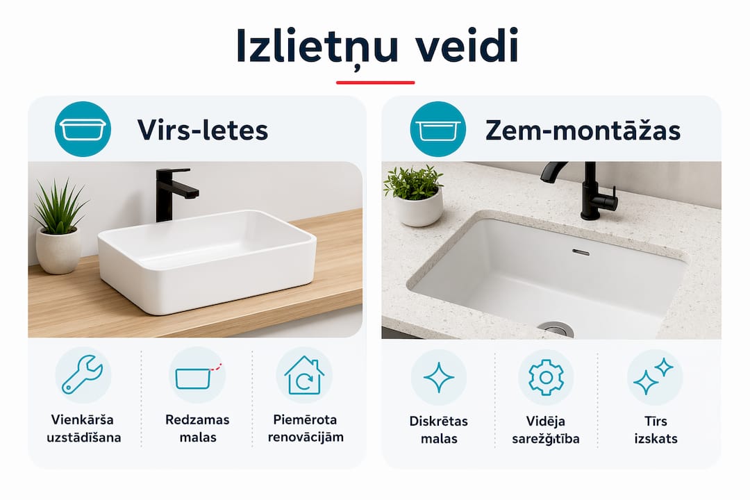 Infografika: virsmas un ielikto izlietņu priekšrocību un trūkumu apskats