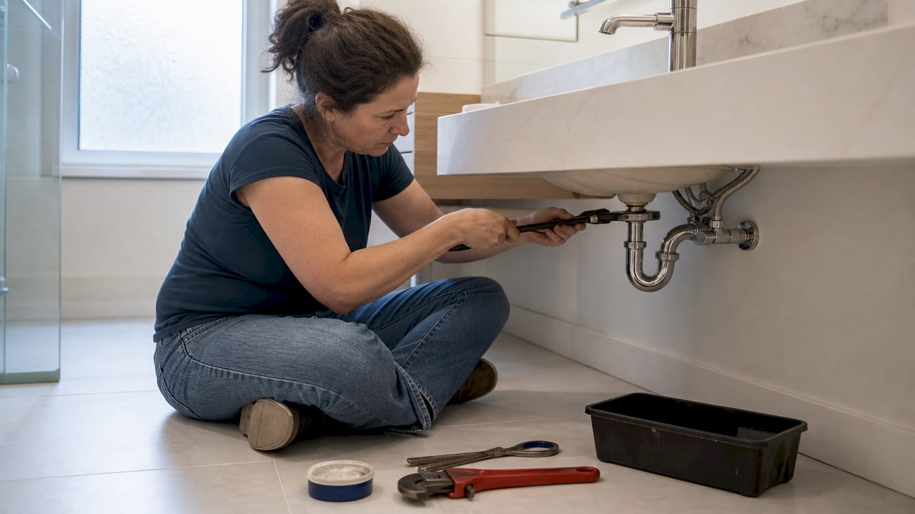 Homeowner using basin wrench under sink