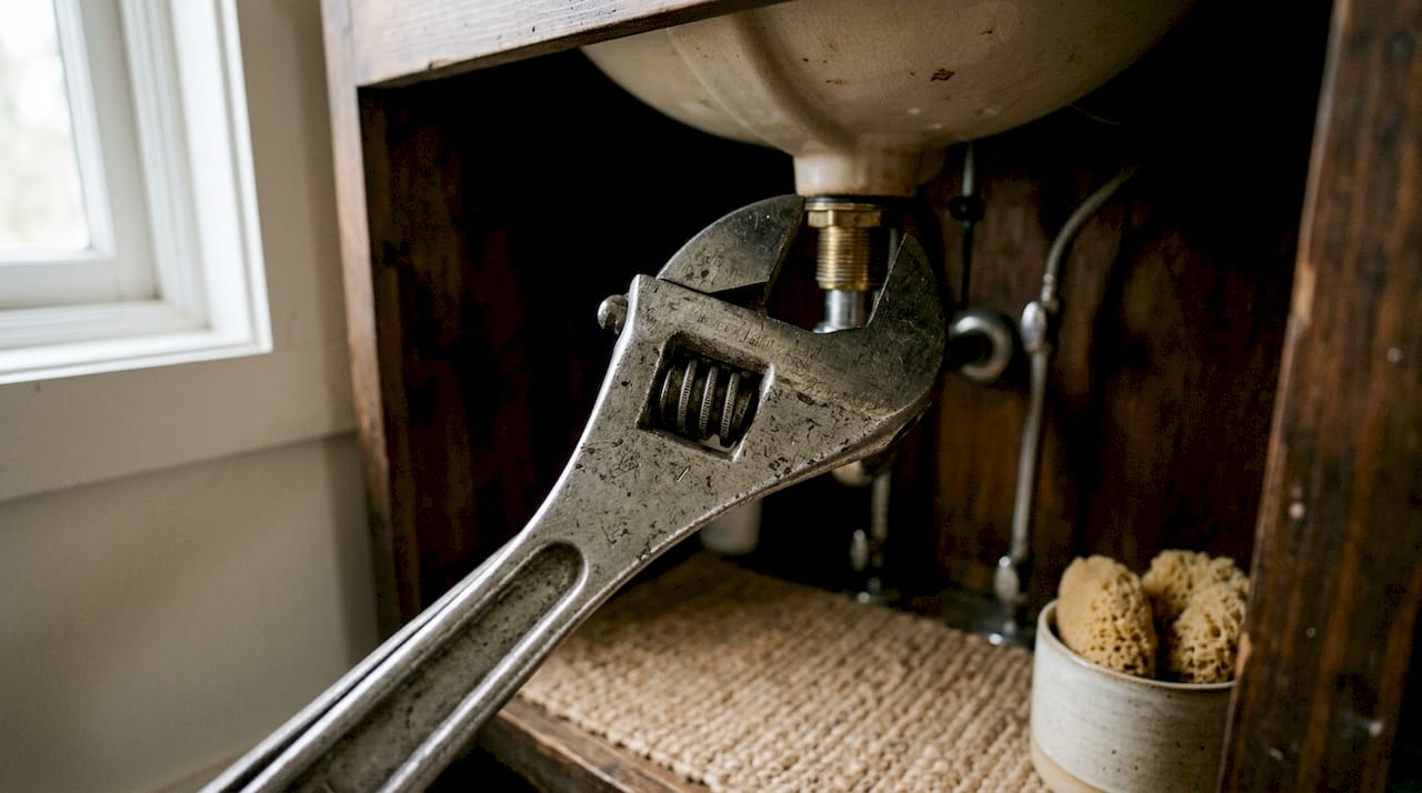 Close-up basin wrench on faucet nut