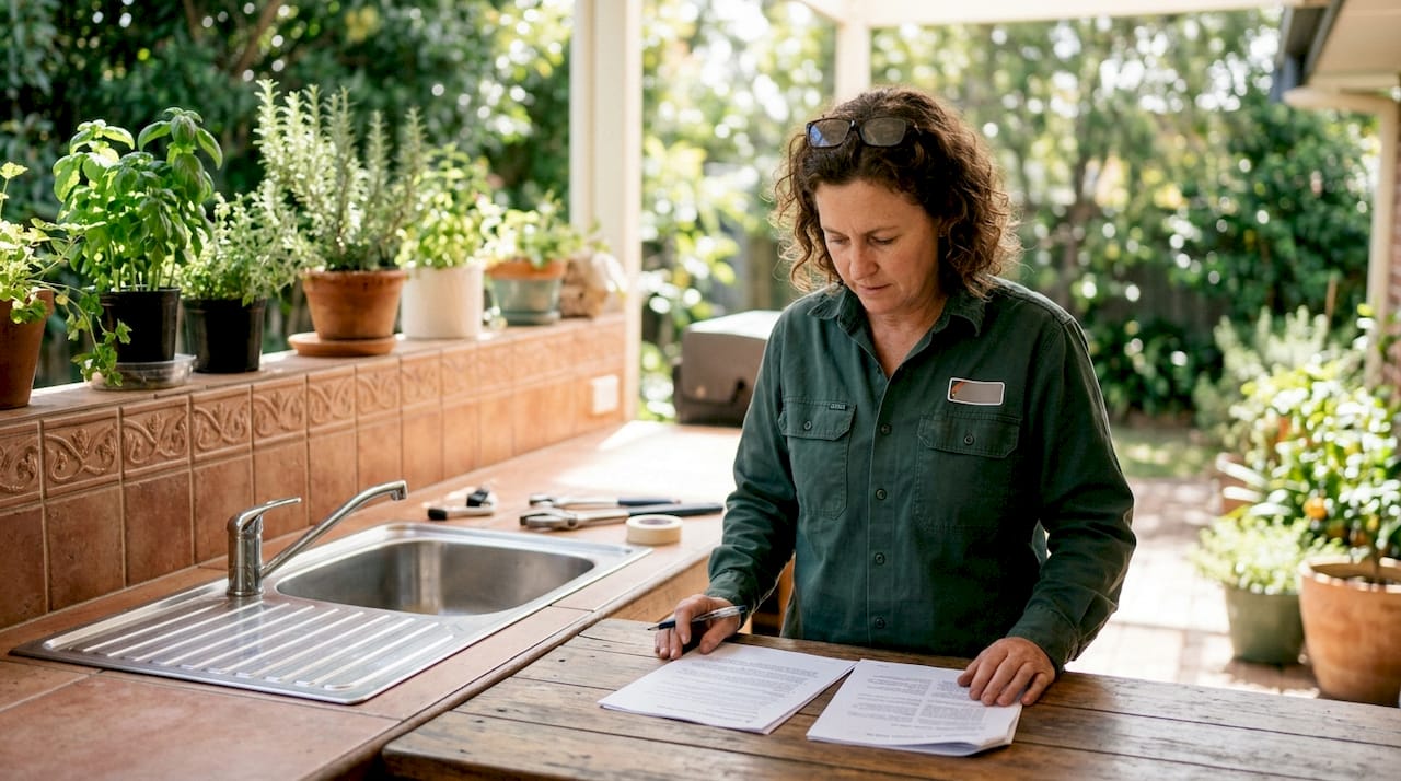 Plumbing inspector reviewing compliance documents at kitchen sink