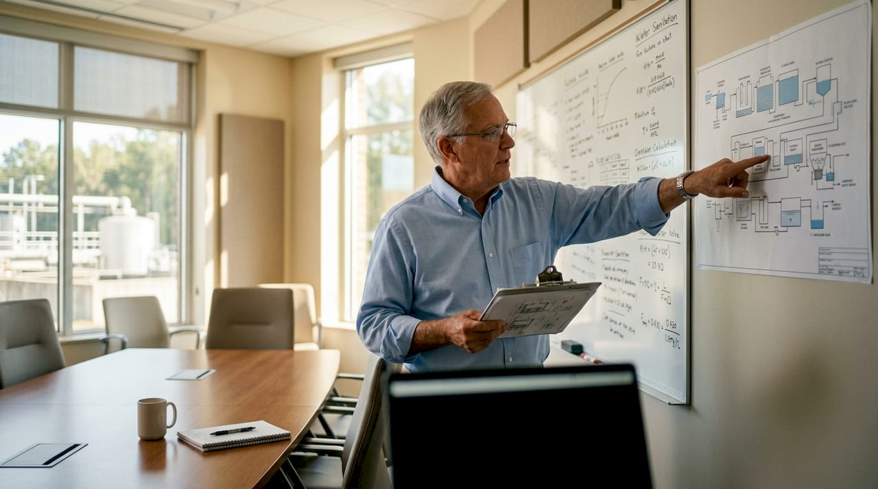 Engineer analyzing water treatment infrastructure outdoors