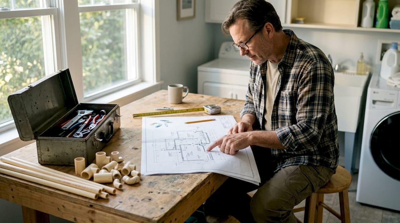 Homeowner reviewing plumbing design blueprint