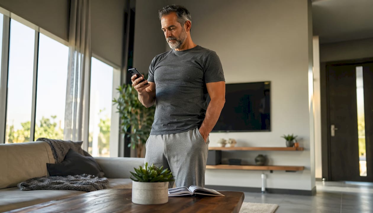 Vīrietis ar telefonu attālināti kontrolē virtuves viedos santehnikas risinājumus