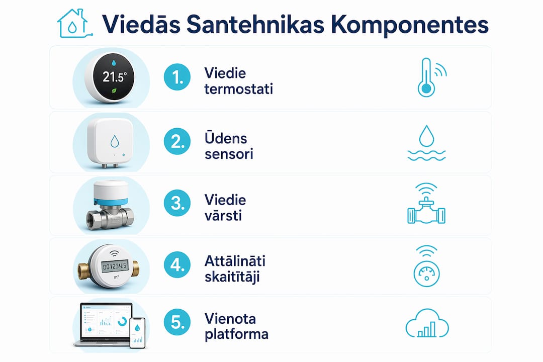 Pārskatāma infografika par svarīgākajiem viedās mājas santehnikas elementiem