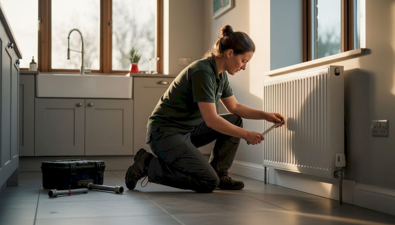 Heating engineer installing modern radiator at home