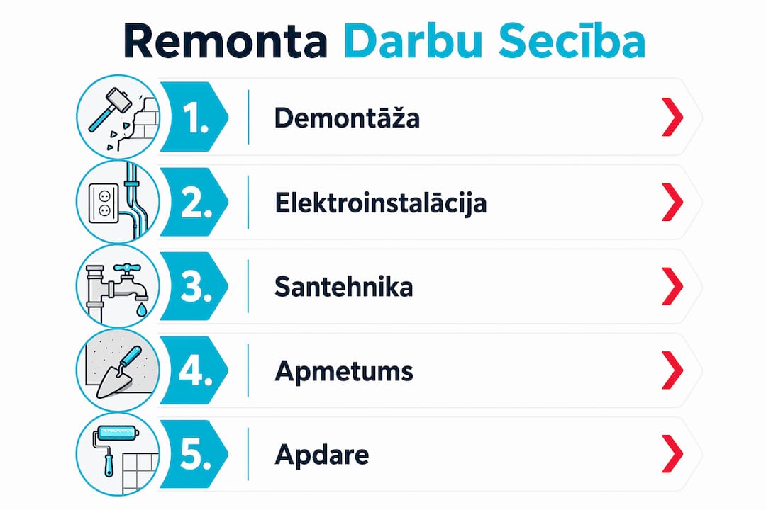 Infografika ar renovācijas darbu secības soļiem