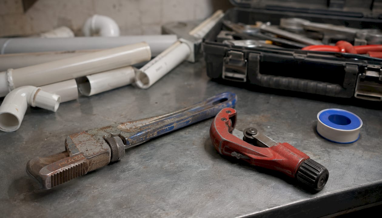 Basin wrench and pipe cutter on workbench